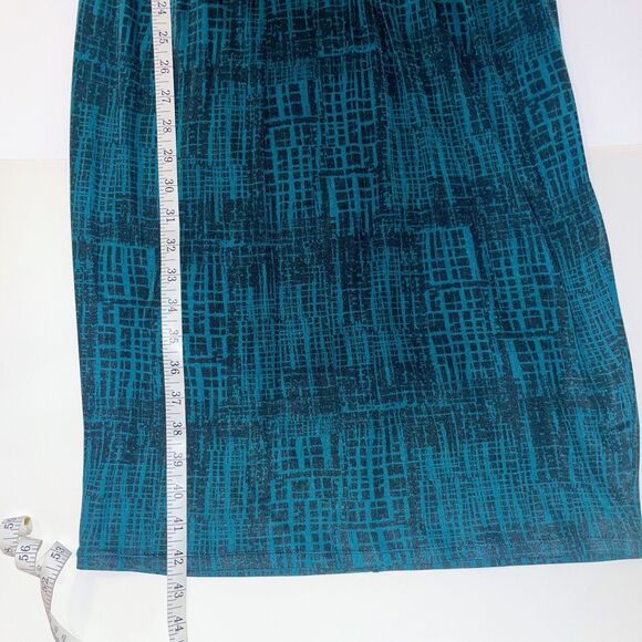 MAX MARA Teal Jersey Draped Gathered Waist Faux Wrap Dress Black Geo Print US 6 - Picture 9 of 13